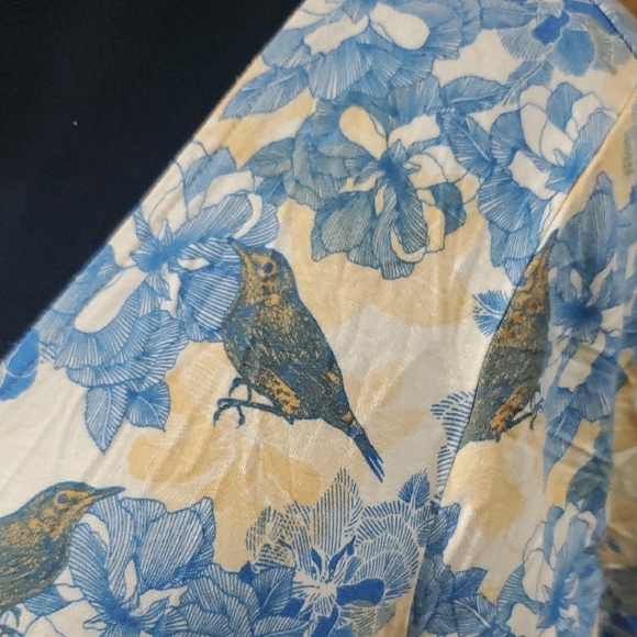 Modcloth Yellow and Blue Faux Wrap Bird Floral Short Sleeve Top - Picture 3 of 9